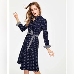 Boden Navy and White Polka Dot Long Sleeve Shirt Dress